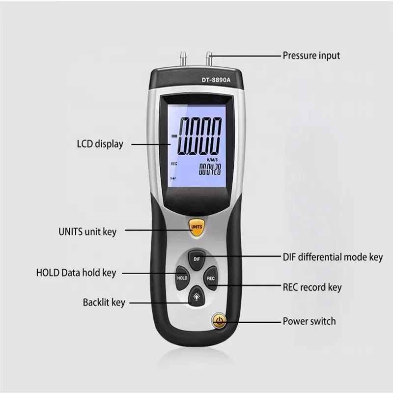 DT-8890A High Precision Micro Differential Pressure Gauge Handheld Atmospheric Pressure Tester