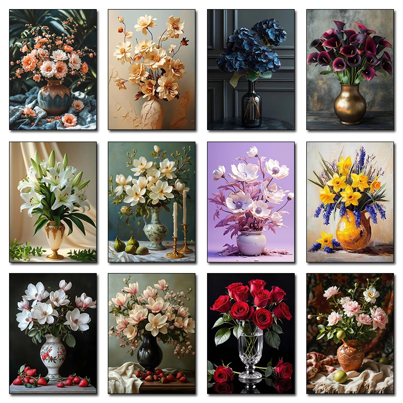 Retro Still Life Ceramic Vase Bouquet Rose Tulip Hydrangea Fashion Classic Poster Canvas Paintings Wall Art Pictures Home Dec
