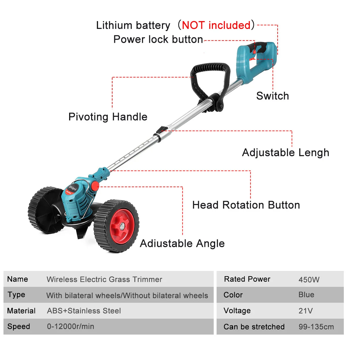 Drillpro Electric Lawn Mower Cordless Grass Trimmer Adjustable Bush Grass Pruning Cutter Garden Tools for Makita 18V Battery