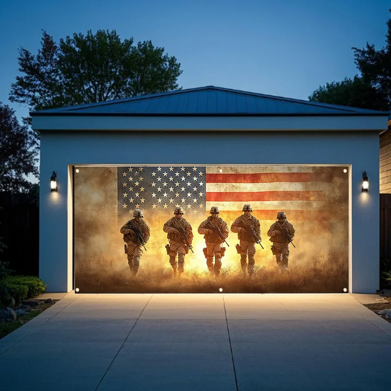 

1pc 180x400cm Patriotic Soldier American Flag Garage Door Cover-Durable 100% Polyester Outdoor Banner