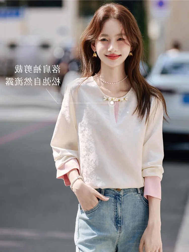 

Chinese Style Color Block Long Sleeve Shirt Women's round Neck Short Shirt Autumn Spring Seasonal Fashion Ladies' Top