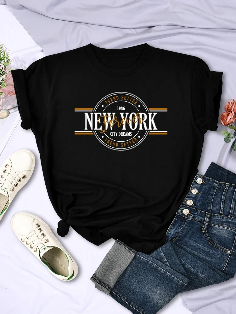 Trend Setter 1986 New York City Dreams Printed Tshirts Summer Women'S Street Sweat T-Shirt Hip Hop Breathable Casual Tees Shirts