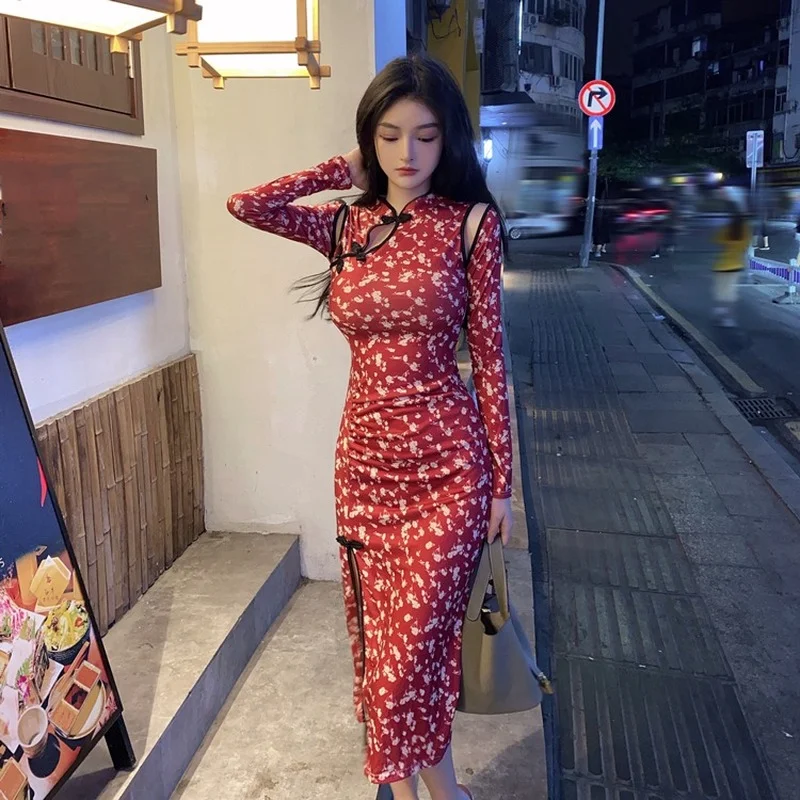 

Women Chinese Style Red Cheongsam Retro Floral Print Qipao Sexy Slim Dress Lady Elegant Wedding Party Dresses Vintage Vestidos