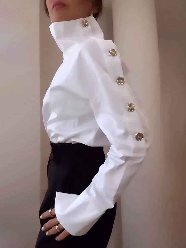

Women's Fashion Elegant Long-sleeve Pullover Shirt Casual Office Turtleneck Metal Button White Tops 2025 Spring And Autumn New