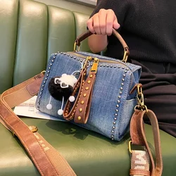 Casual Denim Women Handbag Top Handle Tote Vintage Washed Canvas Rivet Crossbody Pillow Ita Bag Multifunctional Shoulder Bag