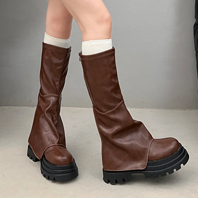 

Высокие сапоги на платформе, женские дизайнерские кожаные туфли на высоком каблуке, зимняя тенденция 2025, модные мотоциклетные ботинки, новые прогулочные ботинки Mujer Botas