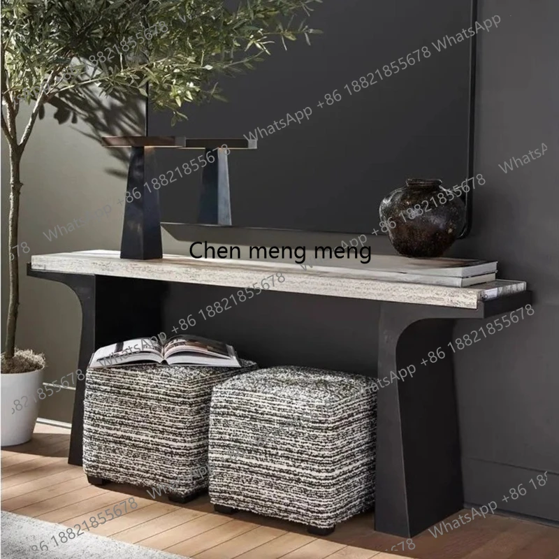 

Wabi-sabi wind cave stone entrance platform high-end sense of entry to the wall solid wood end view table table