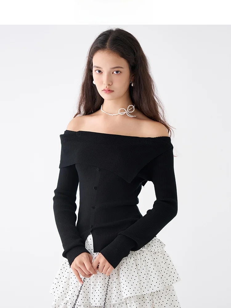 

Женский вязаный топ Jiujiu с открытыми плечами и длинными рукавами, эластичный, облегающий, осенний, модный, мягкий, тонкой вязки, цветной