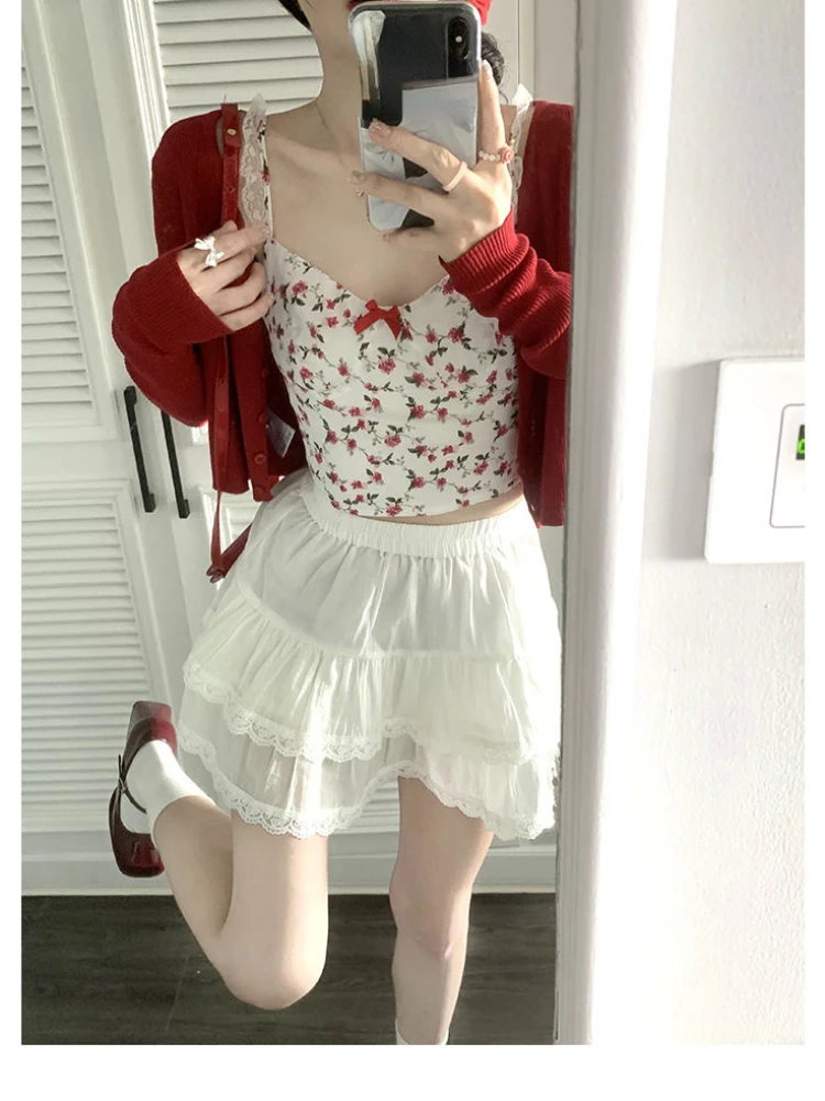 

2024 Summer Korean Fashion Suit Woman Floral Vest Red Cardigan Y2k Mini Skirt Beach Eleant 3 Piece Skirt Set Outwear Chic