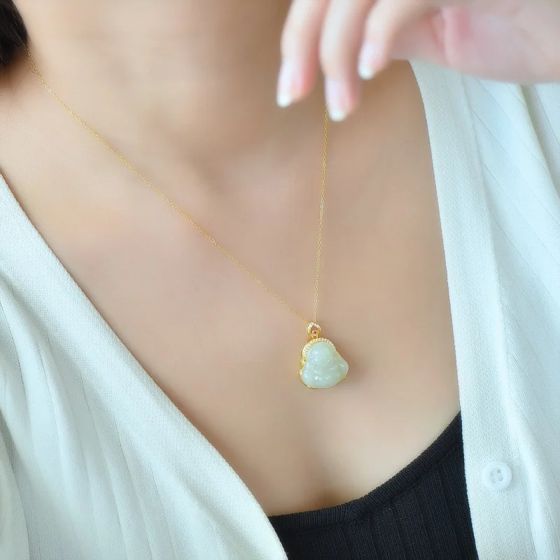 SGARIT Natural Hetian White Jade S925 Silver Maitreya Buddha Pendant 18*26mm Simple Design Fine Texture with Silver Chain