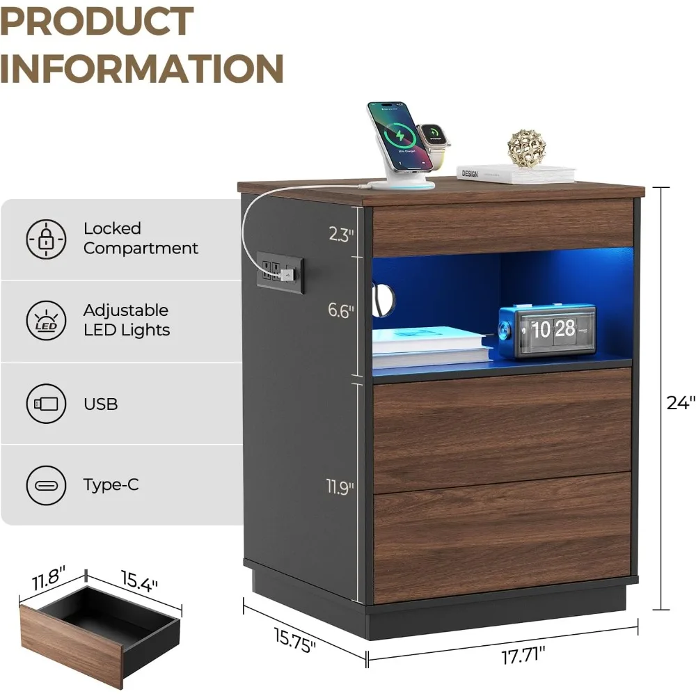 طاولة بجانب السرير حديثة مع مساحة تخزين مخفية ومنفذ شحن USB/type-c ودرج آمن للمسدس قابل للقفل