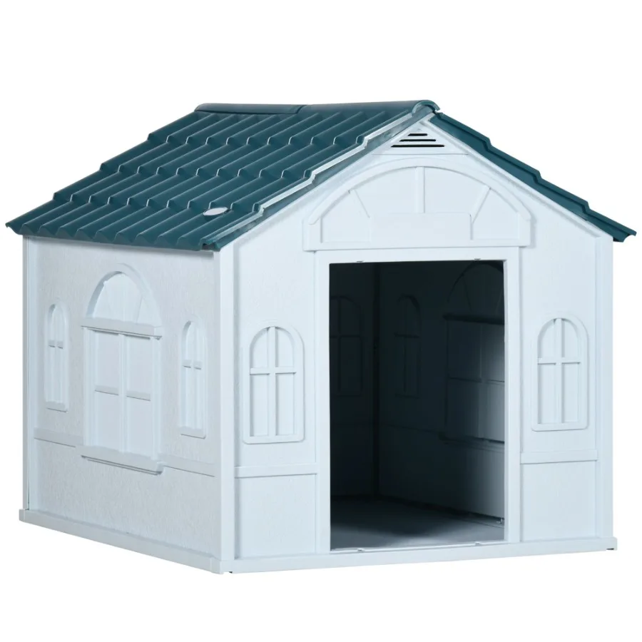 

PawHut Durable Plastic Dog House WeatherResistant Outdoor Shelter w Door Blue for Small to Medium Dogs Easy Assembly
