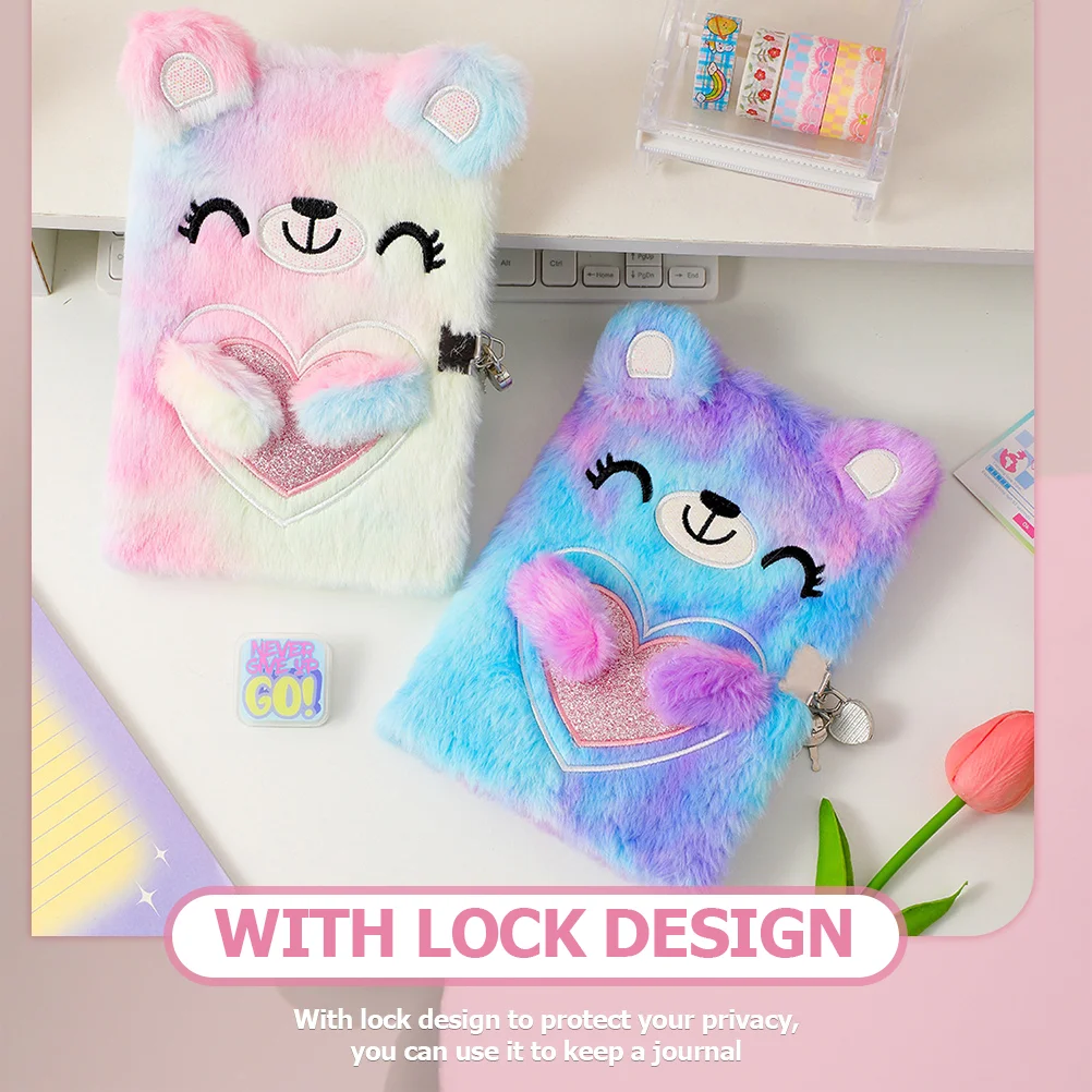 Girls Fuzzy Diary Notebook with Lock Stuffed Animals for Cartoon Notepad Plush The