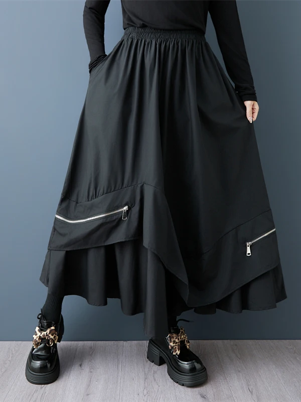 Dark Style Zipper Decorated Half Skirt Elastic Waist Lantern Skirt Brand New 2026 High Waist A-Line Casual Polyester Fiber