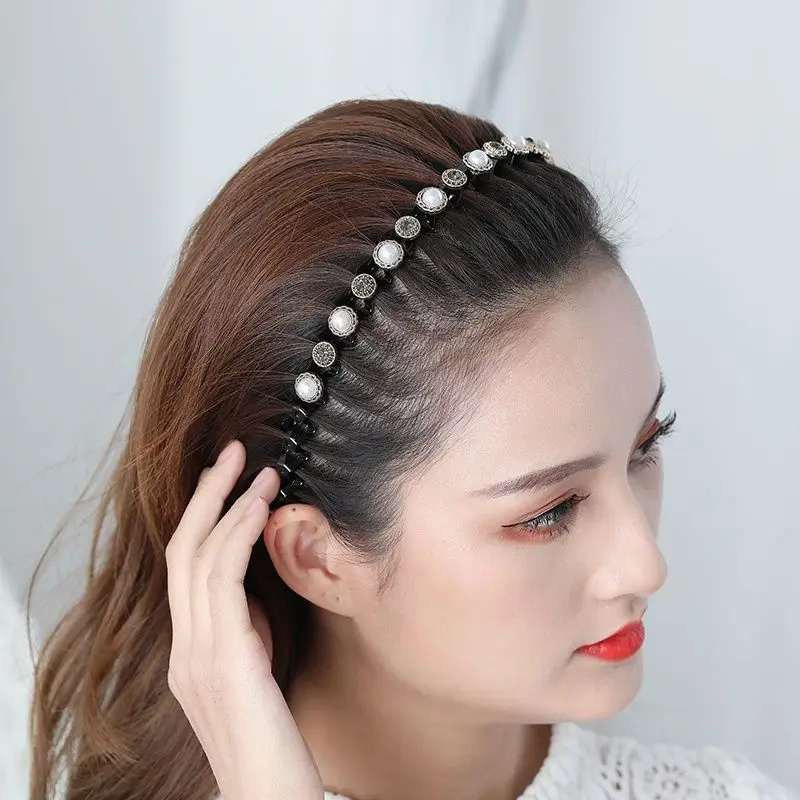 Fashion Rhinestone Hair Hoop Non-Slip Black Wavy Teeth Comb Flower Artificial Pearls HairBand Bangs Tool For Women Girls