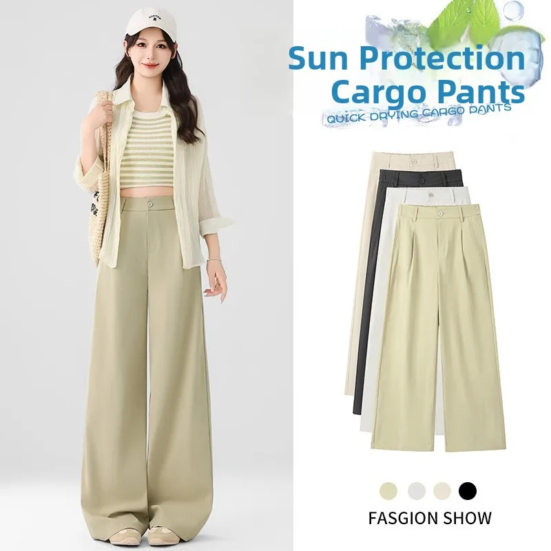 Zonbescherming Wijde pijpen broek Dames losse hoge taille Dunne rechte snit Lente zomer lange broek Faionable Busin Suit