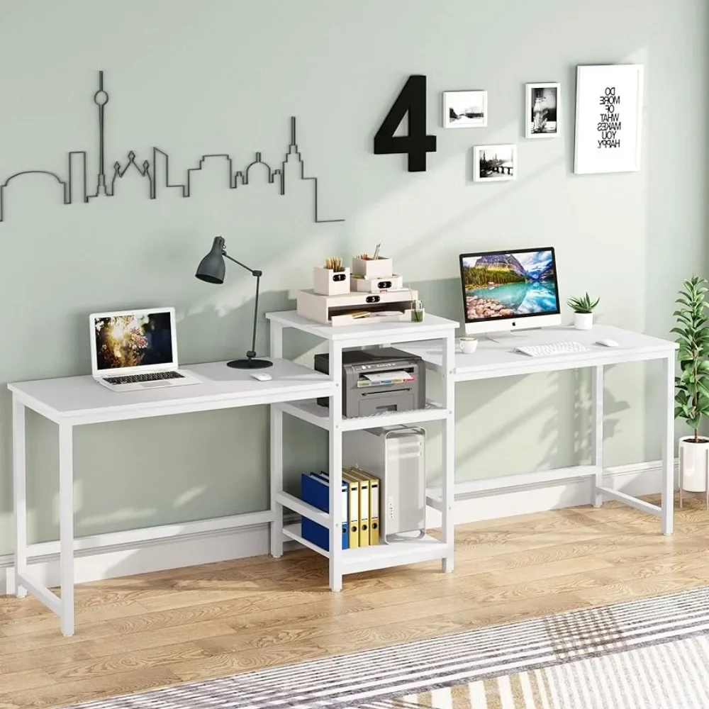 

96.9" Double Computer Desk With Printer Shelf Laptop Table for Bed Large Office Desk Study Writing Table for Home Office Mobile