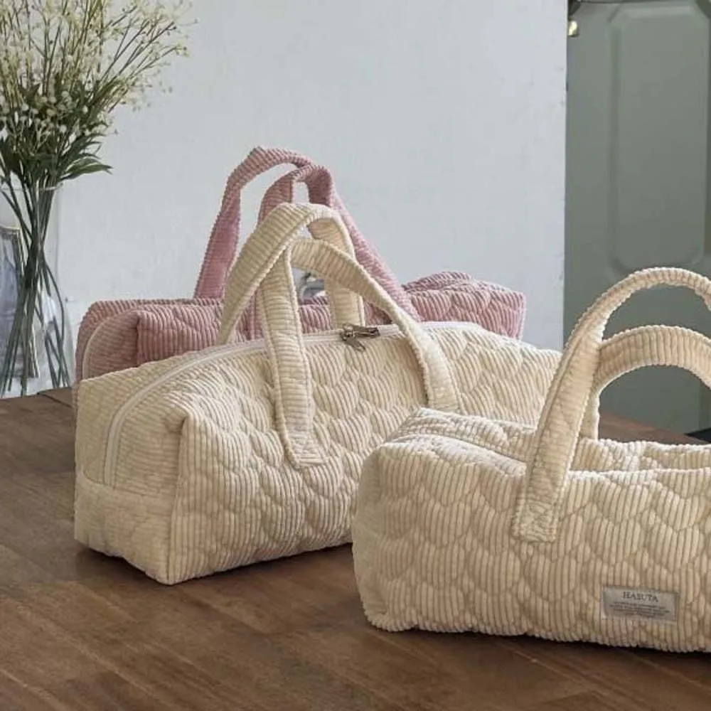 Padded Heart Quilted Handbag Spacious Lightweight Corduroy Barrel Pouch Zippered Cylindrical Pastel Makeup Organizer Traveler