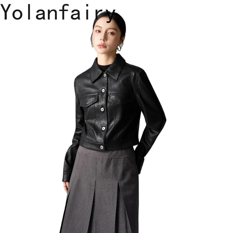 YOLANFAIRY Stretch Sheepskin Genuine Leather Jacket Women Top Quality Real Leather Coats Woman Clothes Fashion Trench Coat Biker