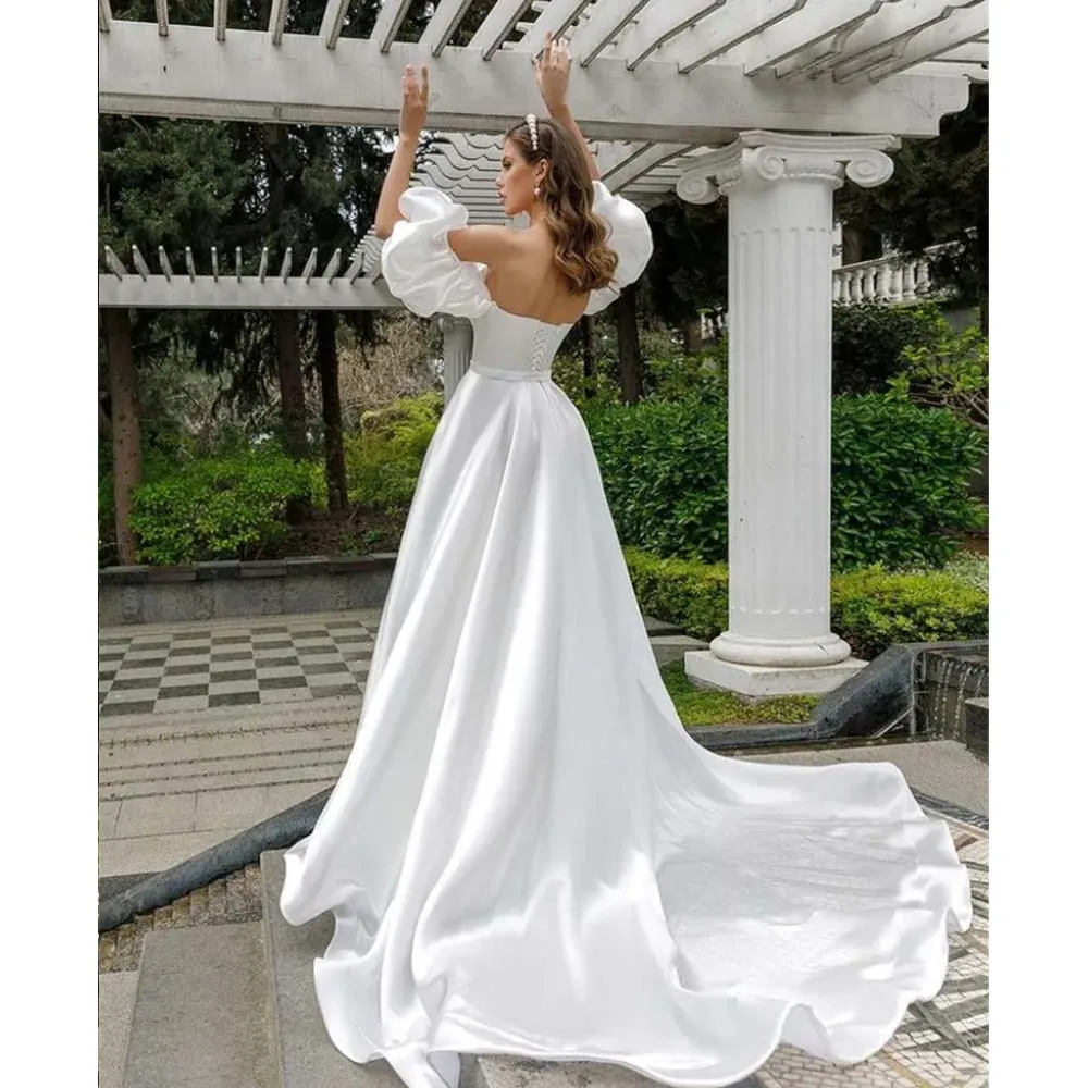 Mariage 2024 Sexy High Slit Satin Wedding Dresses with Detacbable Sleeves A-line Strapless Bridal Dress Court Train Couture