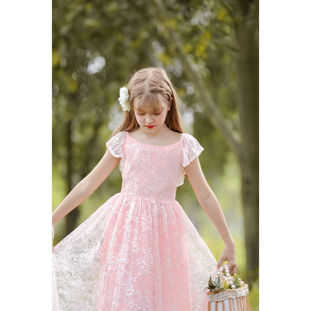 Girls Elegant Embroidery Dress Backless Lace Princess Dress Toddler Children White Bridesmaids Wedding Evening Party Kid Clothes