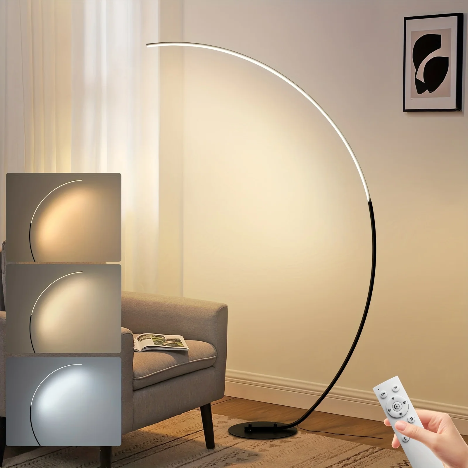 Nowoczesne, zakrzywione lampy podłogowe LED, 65-calowa lampa podłogowa z możliwością regulacji jasności i zdalnym sterowaniem, lampa stojąca z trzema opcjami temperatury barwy światła, lampa podłogowa