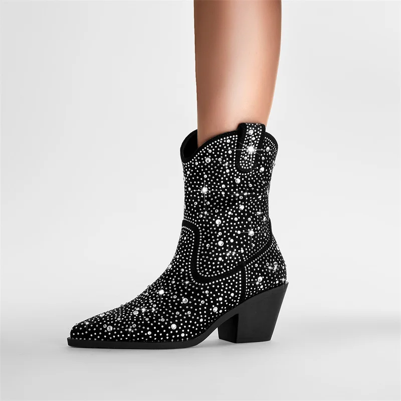 

Rhinestone Boots Black Botas Mid-calf Chunky Heels Pointed Toe Zippers Modern Shoes Fashion Zapatos Mujer Winter Autumn Novelty