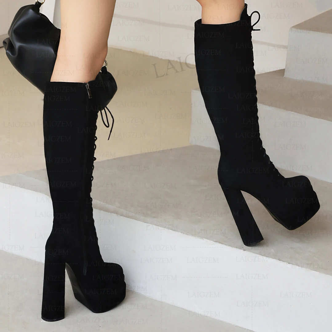 LAIGZEM Women Knee High Boots Platform Wide Calf Friendly Female High Heels Tall Boots Ladies Shoes Woman Big Size 33 40 41 43