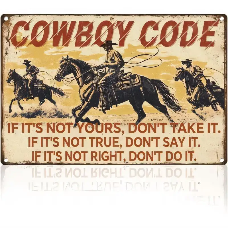 Vintage Cowboy Code Metal Tin Sign - Western Cowboy Horse Retro Wall Art, Iron Material, Rustic Design for Bar, Farmhouse & West