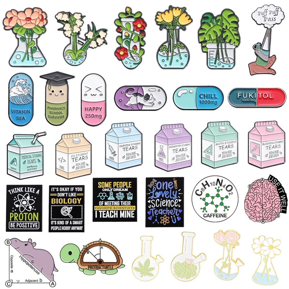 Science Collection Metal Brooch Milk Carton Flower Test tube Pill Bioscience Molecular Formula Brain Badge Punk Pin Jewelry Gift