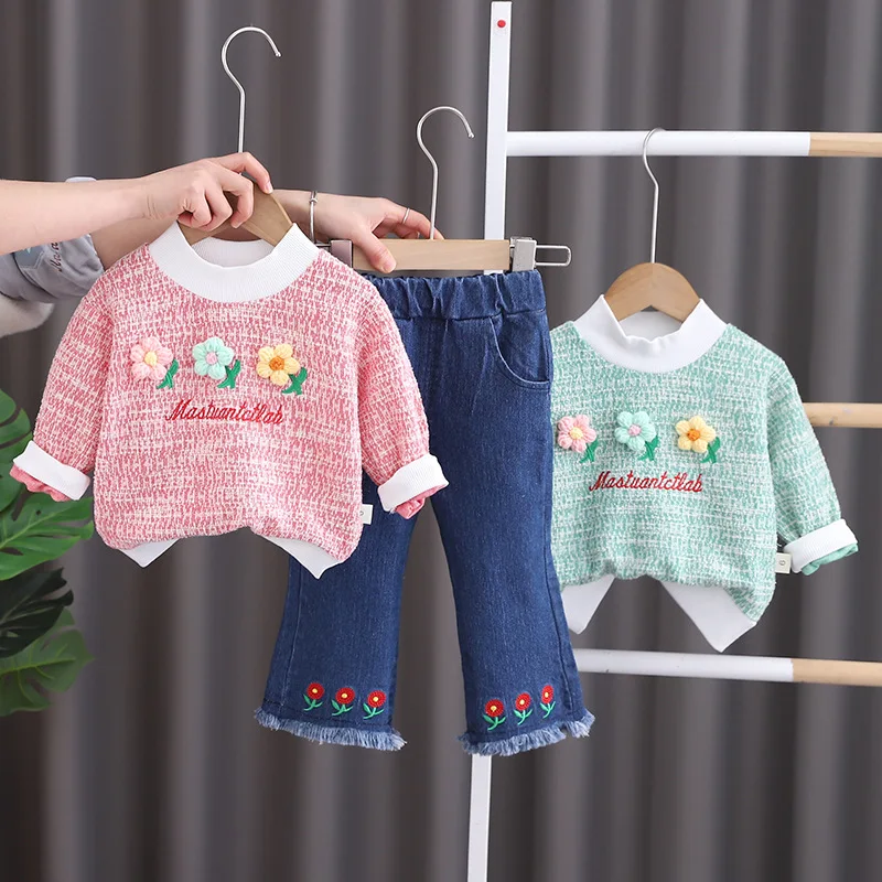 

LZH Kids Clothing 2023 Autumn And Winter New Fashion Children Clothes Flower Print Top + Jean 2 Piece Sets For Girls 1-5 Years