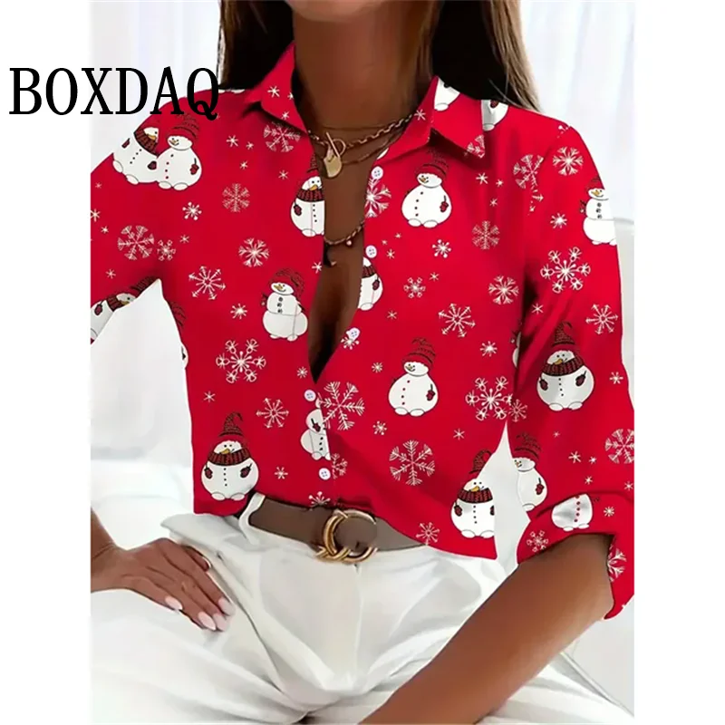 Women\'s 2024 New 3D Christmas Print Long Sleeve Blouses Elegant Lapel Long Sleeve Tops Winter Spring Single-Breasted Basic Shirt