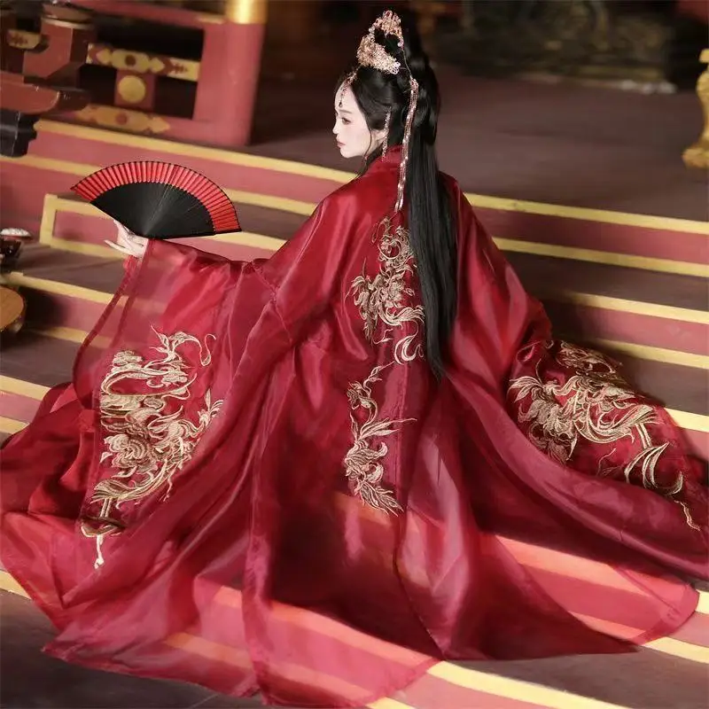 Red Dragon Pattern Hanfu Men Women Traditional Chinese Embroidered Suit Halloween Wuxia Cosplay Costume Large Sleeve Robe Gown