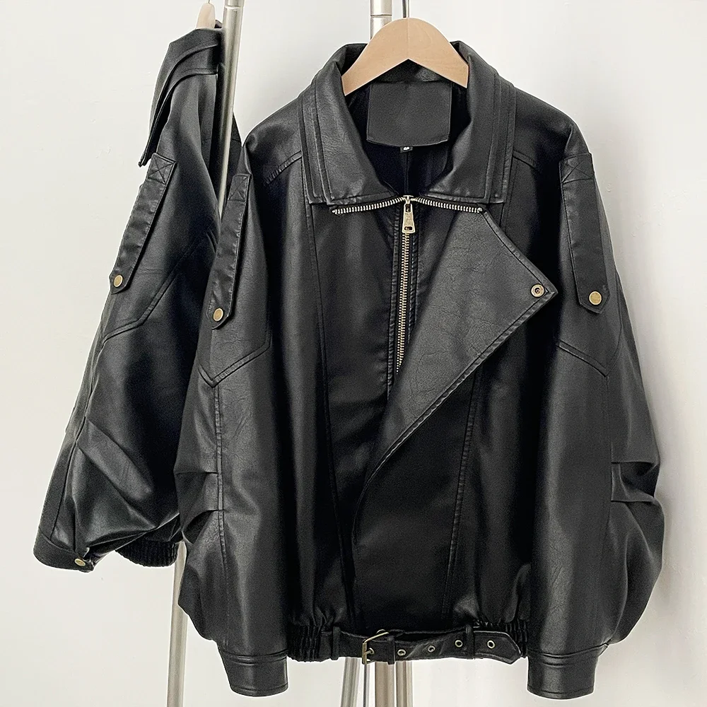 2025 Spring Autumn PU Jacket Female Loose Motorcycle Faux Leather Coat Female Solid New Retro Standing Collar Top Vintage Coat