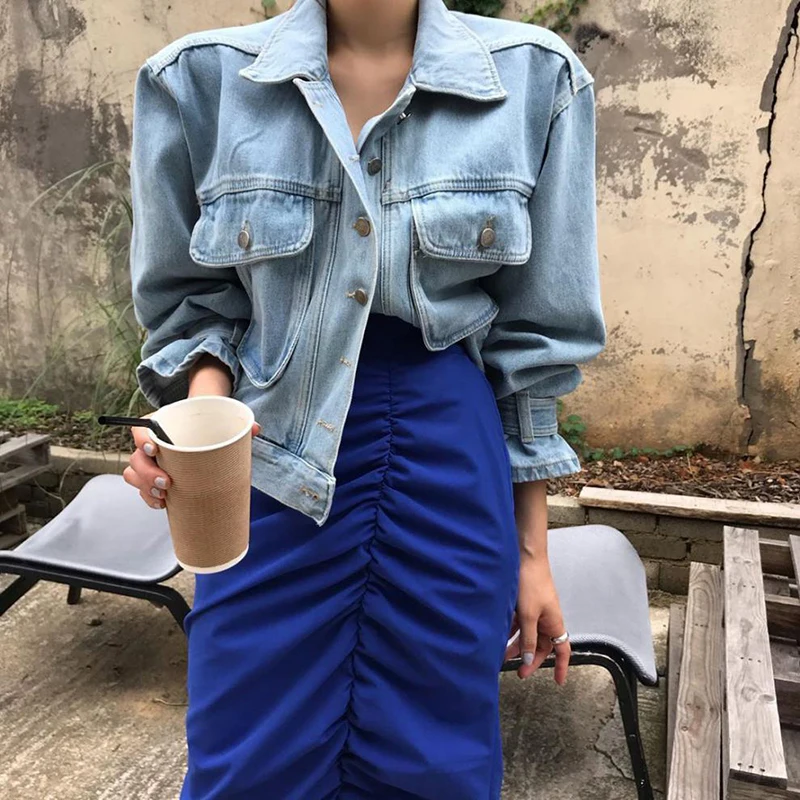 New Autumn Long Sleeve Jeans Top Chic Women Single Breasted Office Denim Jackets Harajuku Multi-pocket Design Slim Cargo Coats