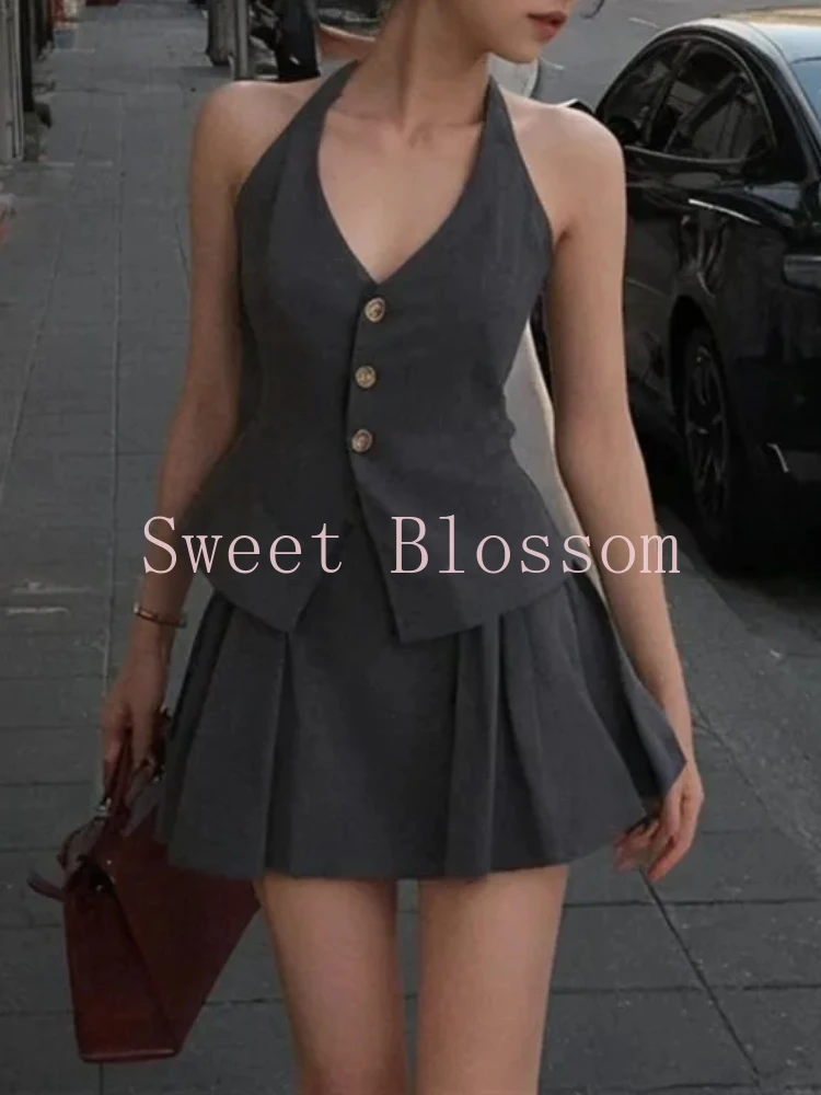 Korean Fashion New Slim Black 2-piece Set Women Summer Elegant Sexy Lace Sleeveless Tops + Design High-waist Short Skirt Suit