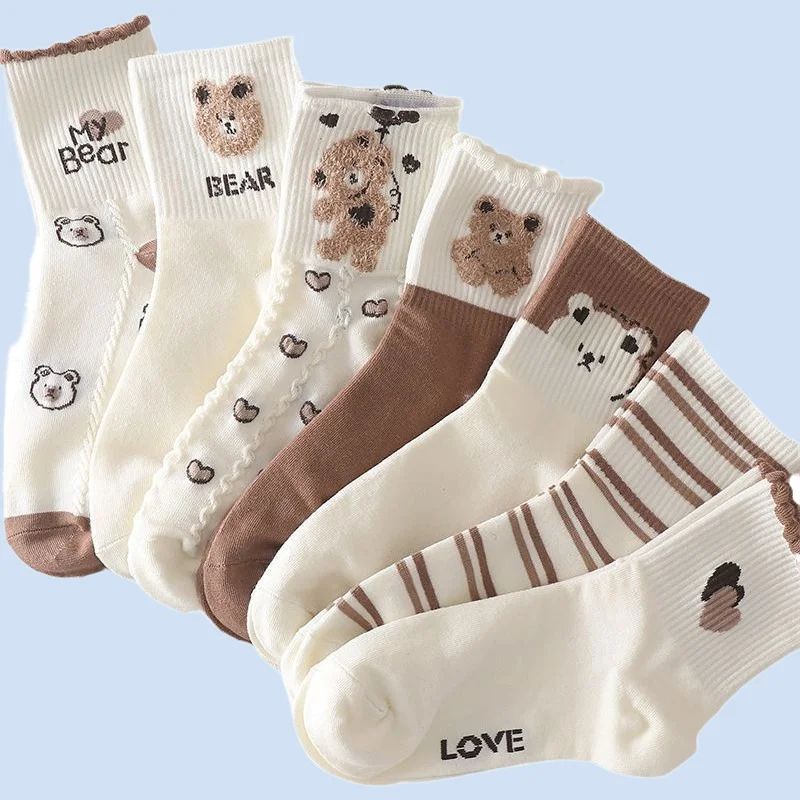 7/14 Pairs Brown Bear Socks Women's Middle-Tube ins Korean Cotton Socks Japanese Cute Student Sports Autumn and Winter Socks