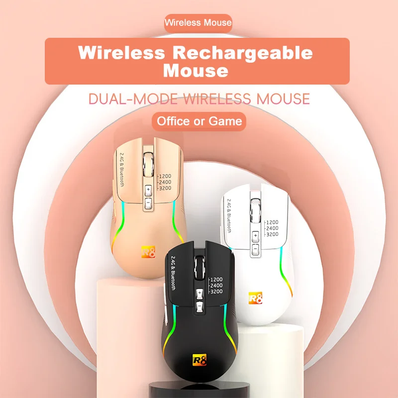 

Wireless Dual-mode Mouse Mute Button Rechargeable Light Effect Desktop Key Office Use Play Game Bluetooth Mause Compatible Mice