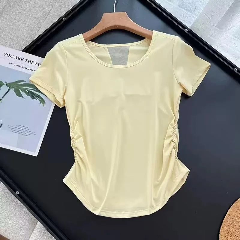 Damen Yoga-Shirt mit kurzen Ärmeln aus Mesh, schnelltrocknend, atmungsaktiv, mit seitlich geraffter Taille, figurbetont, sportliches T-Shirt, Sommer-Gym-Activewear – Detail 7