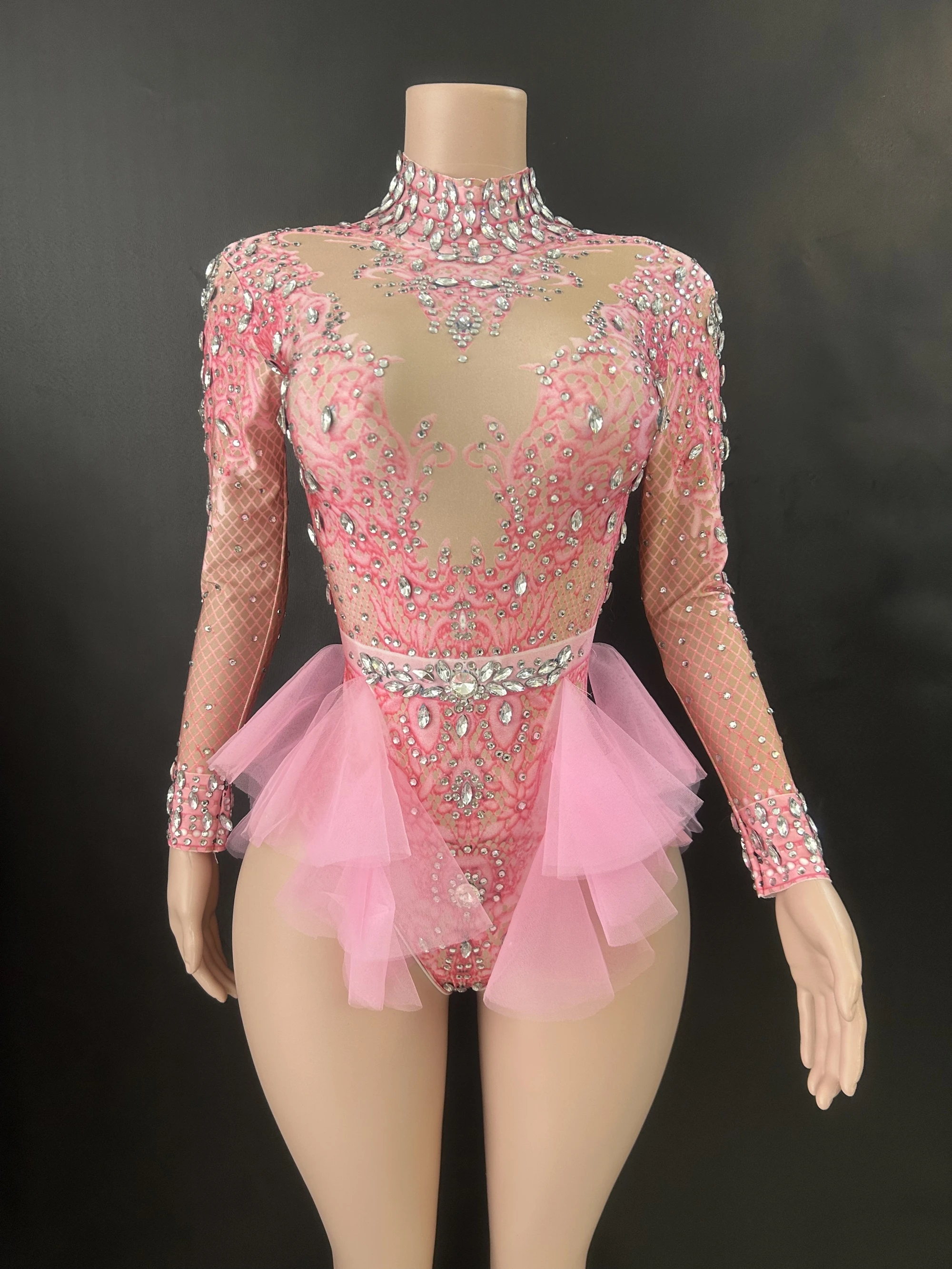 Sparkly Rhinestones Bodysuit Women ElasticPink Mesh Ruffles Crystal Leotard NightclubDancer Costume Stage Wear Party Outfit  7G