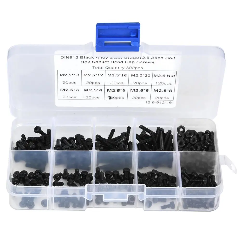 

300pcs M2.5 x 3-20mm Black Alloy Steel Hex Socket Screw & Nut, 12.9 Grade