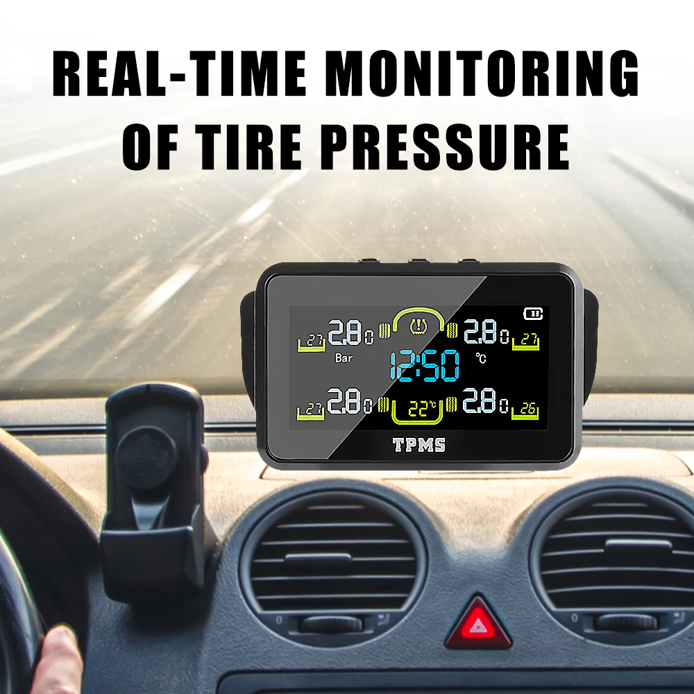 T14 سيارة Solor TPMS نظام مراقبة ضغط الإطارات اختبار درجة حرارة الإطارات 4 قطعة أجهزة الاستشعار ساعة رقمية عرض درجة حرارة الكابينة الداخلية #4