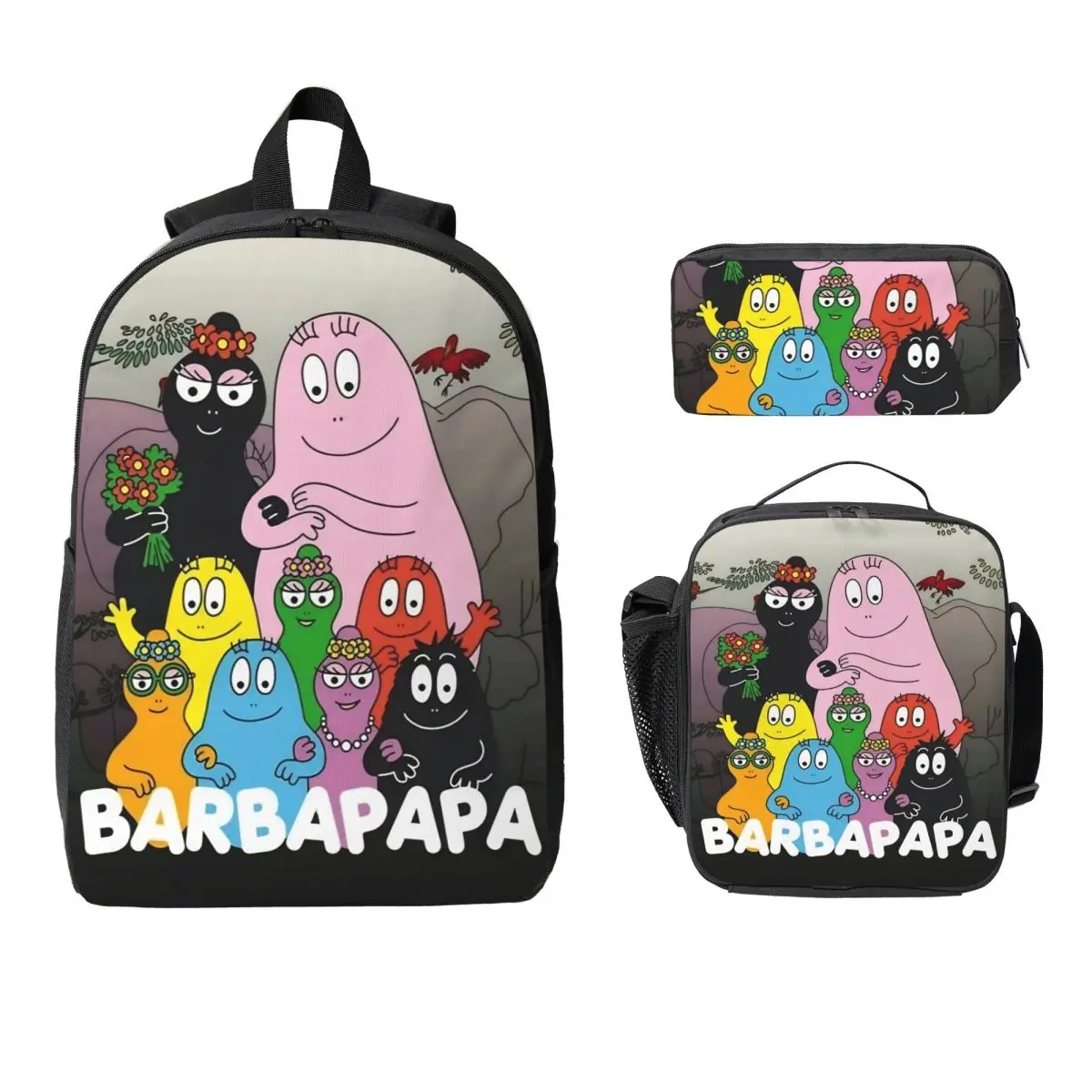 3Pcs Kawaii Barbapapa Backpack Set for Boy Girl Pencil Boxes Bookbag Sets with Lunch Box For Primary School Students Knapsack