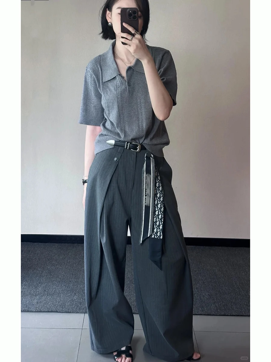 ReddaChic Casual Wide Leg Pants High Waist Gray Striped Pleated Long Oversized Draped Trousers Women Autumn Office Work Wear
