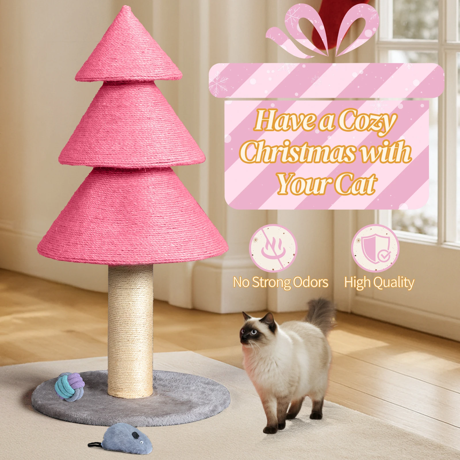 

Christmas Tree Cat Scratcher, Cat Scratching Post for Indoor Cats, Large Sisal Cat Scratching Tree Cat Scratch Tower, Pink