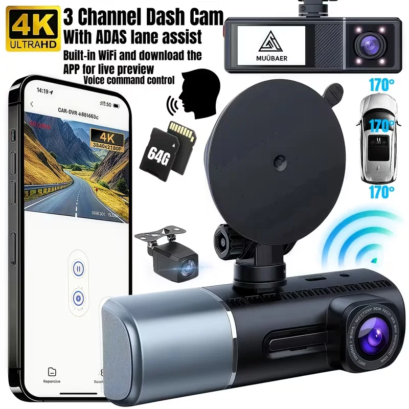 

WIFI Dash Cam for Car 3 Channel Front Rear Camera 2160P Video Recorder Dashcam Black Box Car DVR OptionalRear View Camera