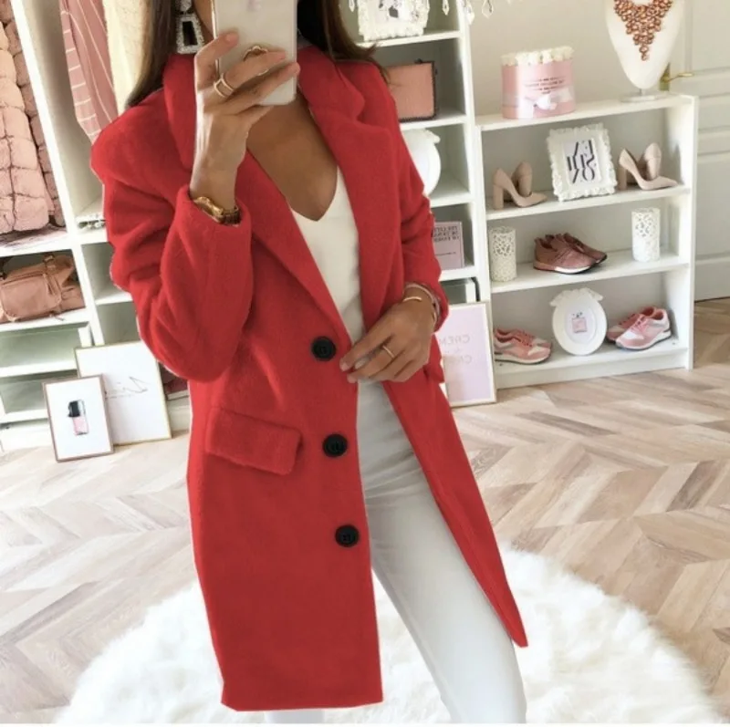 Autumn Commuter Women\'s Solid Color Coat Suit Collar Medium Length Fashion Double Breasted Woolen Coat Elegant Women\'s Coat