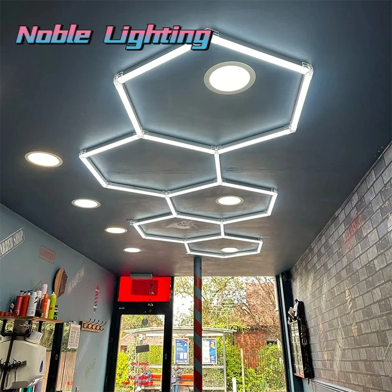 2-Year Warranty Honeycomb LED Car Detailing Ceiling Light Customized Link Hexagon Led Light Free Design Service for Worksop Gym