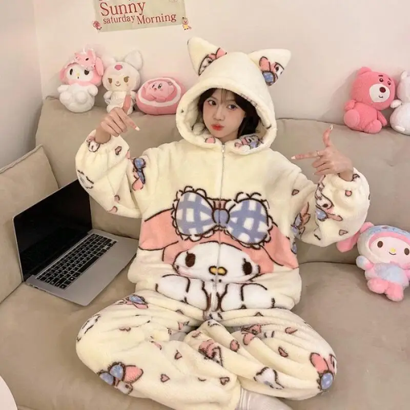 

Anime Cute Kuromi Women Pajama Cartoon Kawaii My Melody Pajamas Pants Flannel Warm Girl Cotton Sleepwear Winter Warm Sleepwear