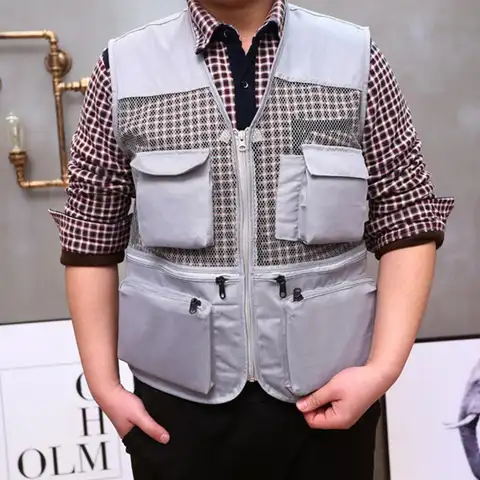 Utomhusfiskeväst för män, andningsbar, ärmlös, flerfickor, dragkedja i nät, lättviktig direktörsfiske, campingväst 10 best sales väst med flera fickor - №8